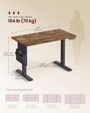 Dimensions diagram of the rustic brown desk: 100 x 60 cm top, 72 to 120 cm height, 70 kg load