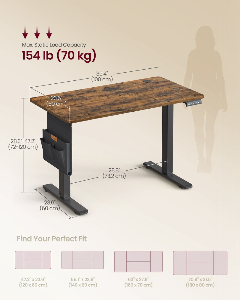 Dimensions diagram of the rustic brown desk: 100 x 60 cm top, 72 to 120 cm height, 70 kg load