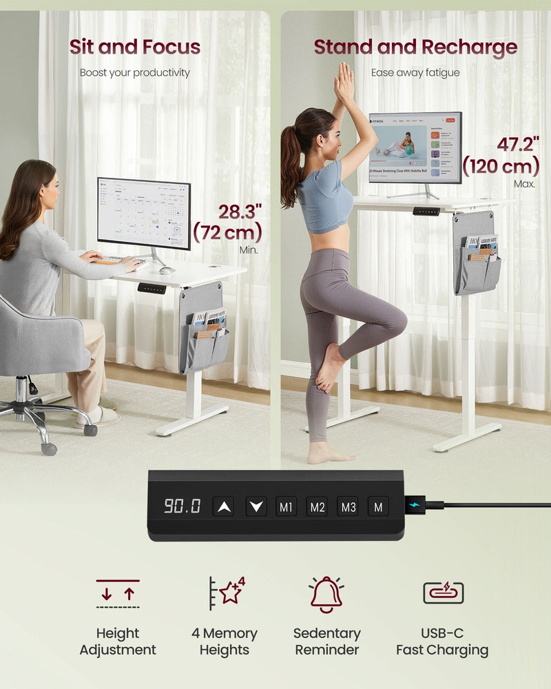 Woman sitting and standing at the white desk showing the 72 to 120 cm height range and control panel