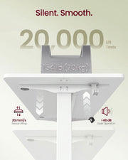 White desktop lifting under a 70 kg weight, with 20 mm/s lift speed and under 48 dB noise icons