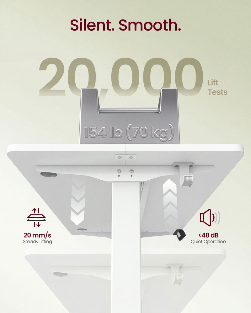 White desktop lifting under a 70 kg weight, with 20 mm/s lift speed and under 48 dB noise icons