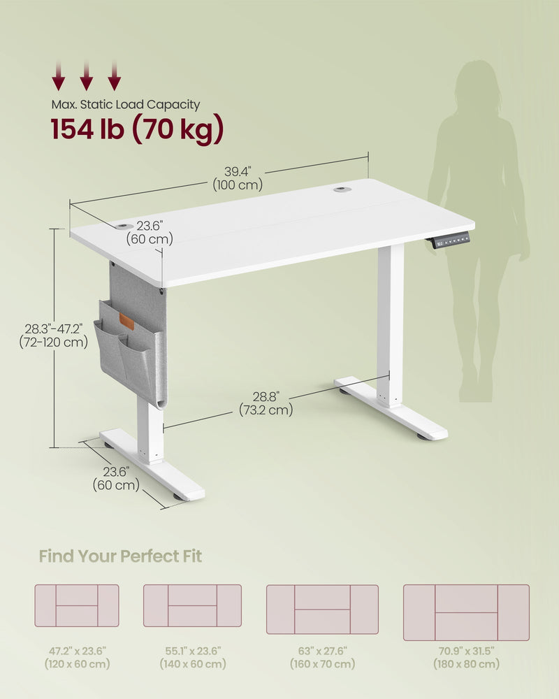 Dimensions diagram of the white desk: 100 x 60 cm top, 72 to 120 cm height, 70 kg load