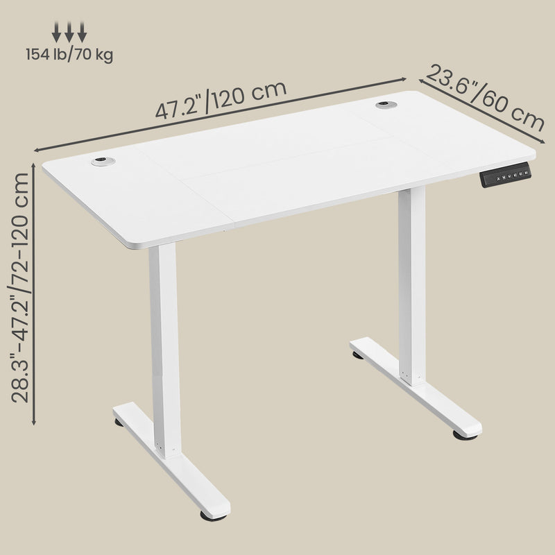 Dimension diagram of the Vasagle electric standing desk: 120 x 60 cm top, 72-120cm height range, 70kg max load