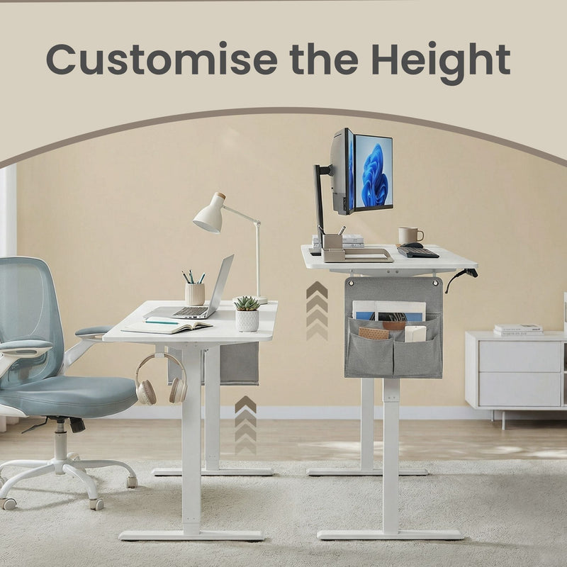 Vasagle standing desk shown raised to standing height next to a seated desk position