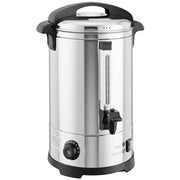 Stainless steel 17L electric water urn with a black lid, tap and temperature dial