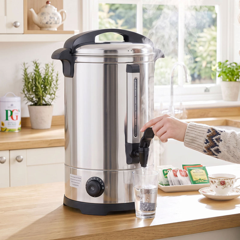 Hand pressing the urn tap to fill a glass on a wooden kitchen worktop beside tea bags