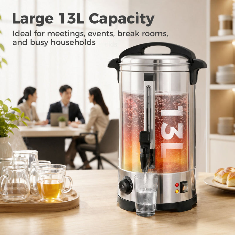 Cutaway capacity graphic showing the 13L fill line with an office meeting behind