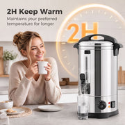 Keep-warm graphic showing the urn holding temperature for 2 hours in a kitchen