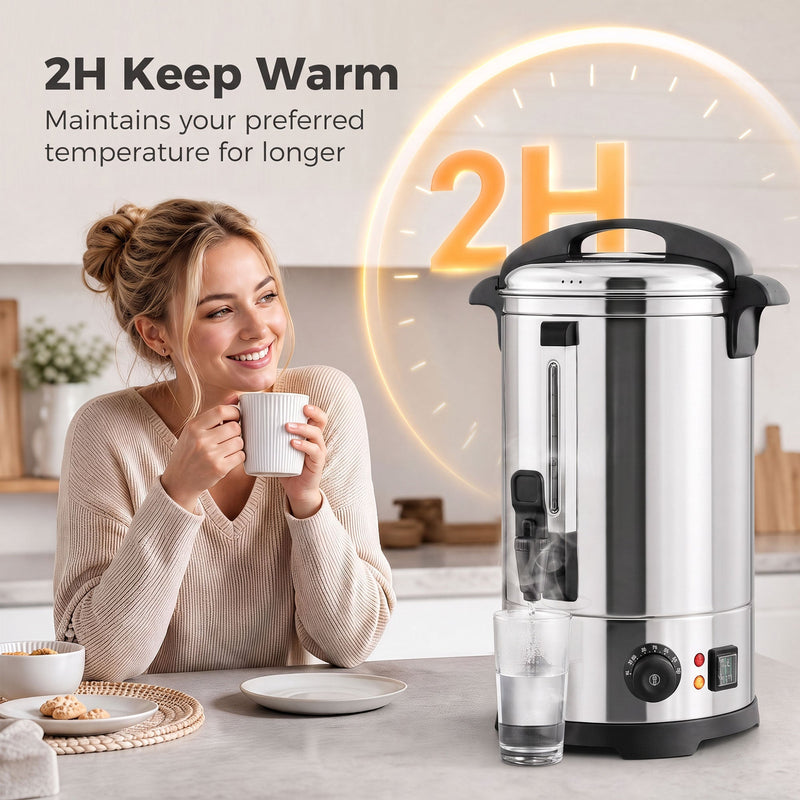 Keep-warm graphic showing the urn holding temperature for 2 hours in a kitchen