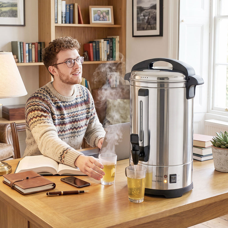 Man working at a home office desk with the urn and a glass of tea beside him