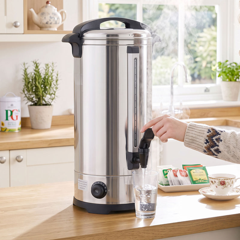 Electric water urn dispensing hot water into a cup