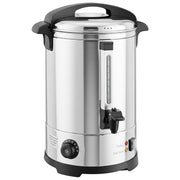 Stainless steel 8L electric water urn with a black lid, tap and temperature dial