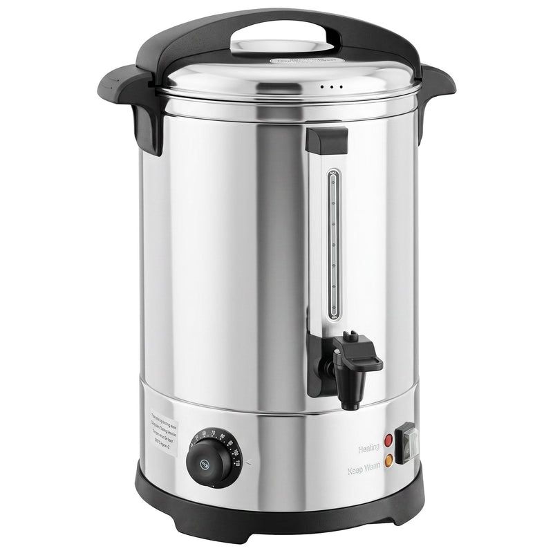 Stainless steel 8L electric water urn with a black lid, tap and temperature dial