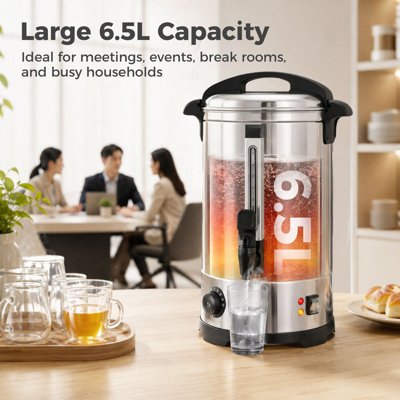 Cutaway capacity graphic showing the 6.5L fill line with an office meeting behind