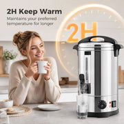 Keep-warm graphic showing the 8L urn holding temperature for 2 hours in a kitchen