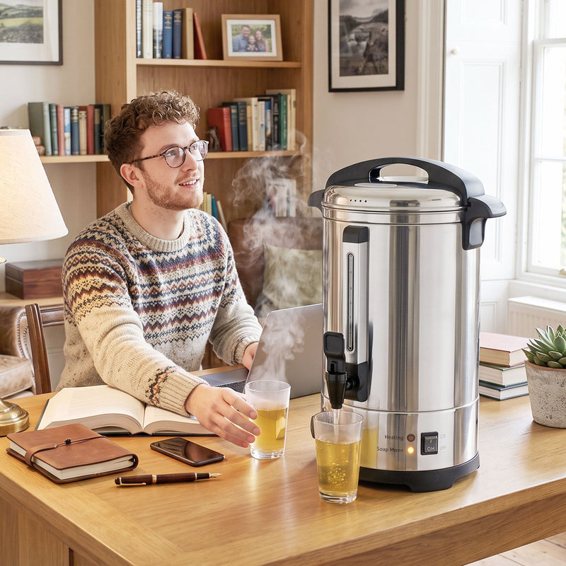 Man at a home office desk with the 8L urn and a glass of tea beside him