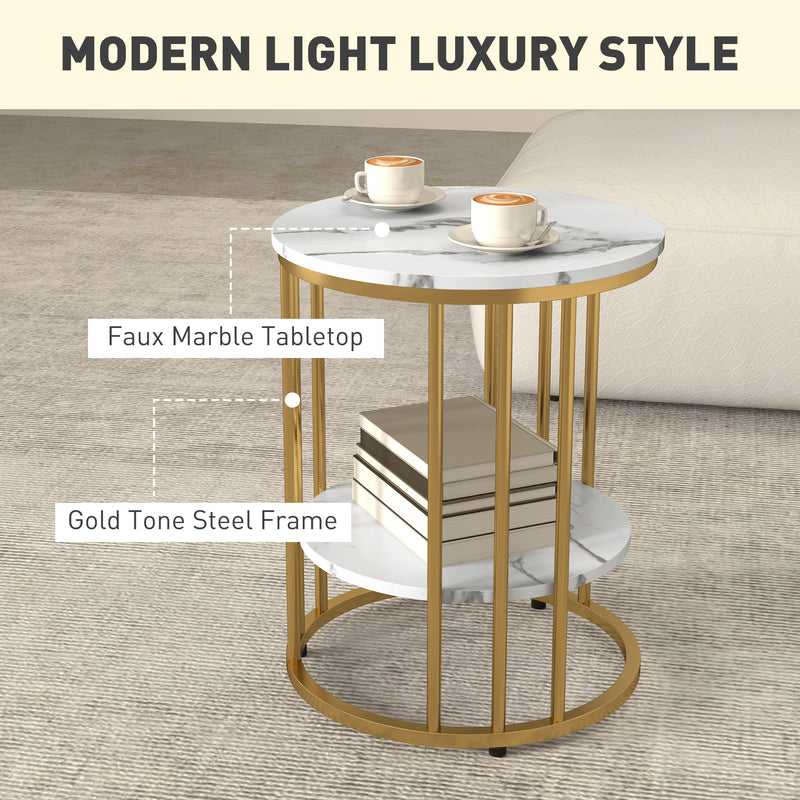Set of Two White Marble Effect Coffee Tables with Gold Tone Legs by HOMCOM