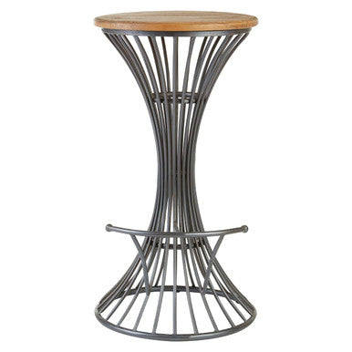 Elm wood bar stool with dark grey metal hourglass base