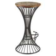Elm wood and metal bar stool side view with curved footrest