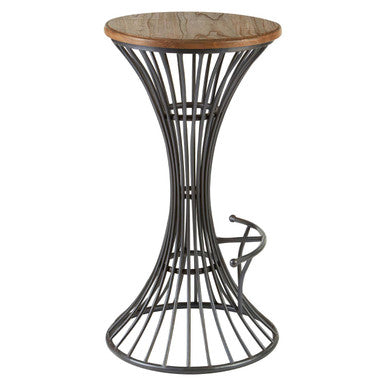 Elm wood and metal bar stool side view with curved footrest