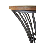 Close-up of metal hourglass base on elm wood bar stool