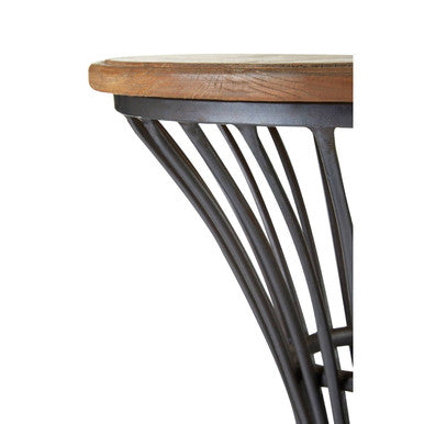 Close-up of metal hourglass base on elm wood bar stool
