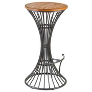 Elm wood and dark grey metal bar stool on a plain background