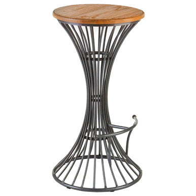 Elm wood and dark grey metal bar stool on a plain background