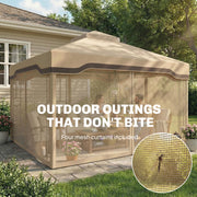 3x3.6m Metal Garden Gazebo with Mesh Sides for Shade and Insect Protection Double Roof, Khaki Outsunny