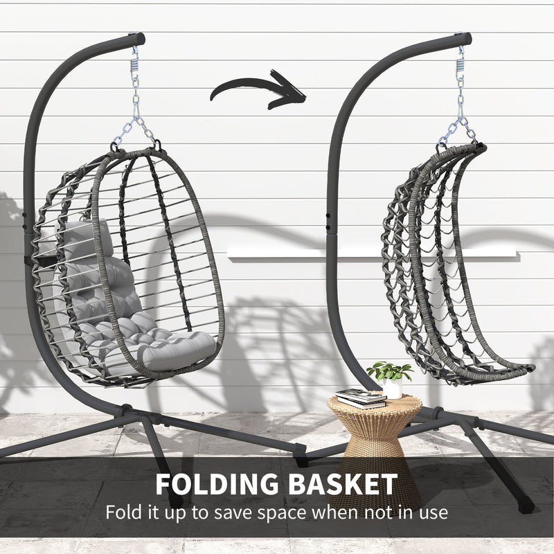 Light Grey Rattan Hanging Egg Chair with Cushion and Stand for Garden or Patio by Outsunny