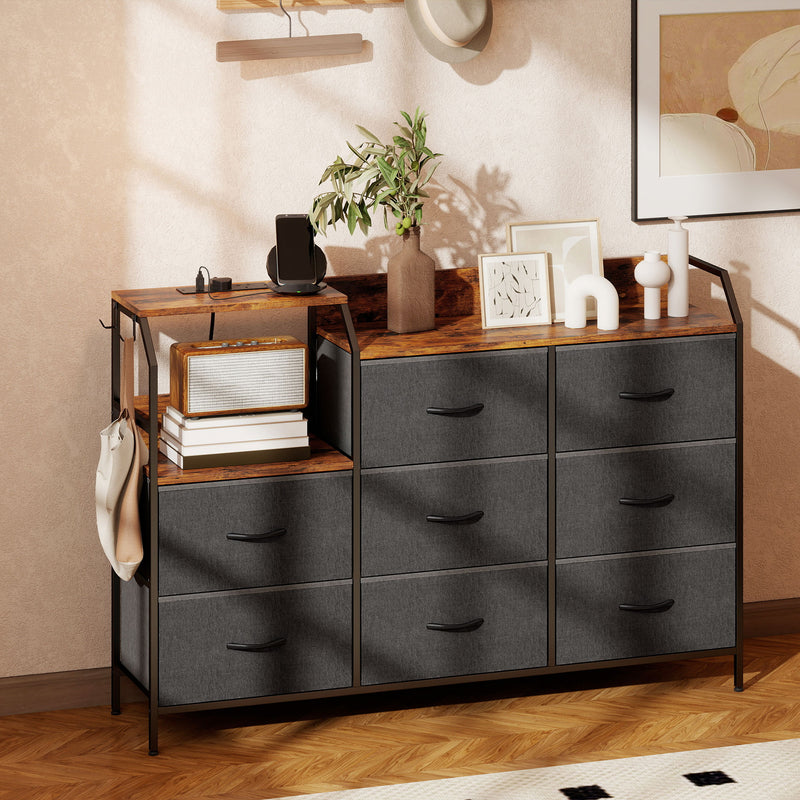 8 Drawer Chest with Built In USB Charging - Fabric Drawers - Stylish Storage For Bedroom or Office - Brown & Black