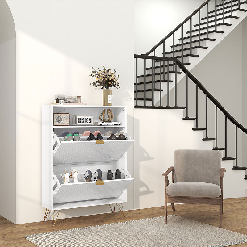 12 Pair Shoe Storage Cabinet With Chevron Detail and Elegant Design for Hallway White
