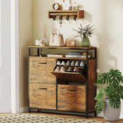 Shoe Storage Cabinet with 4 Flip Drawers and Open Shelf Ideal for Hallways, Rustic Brown