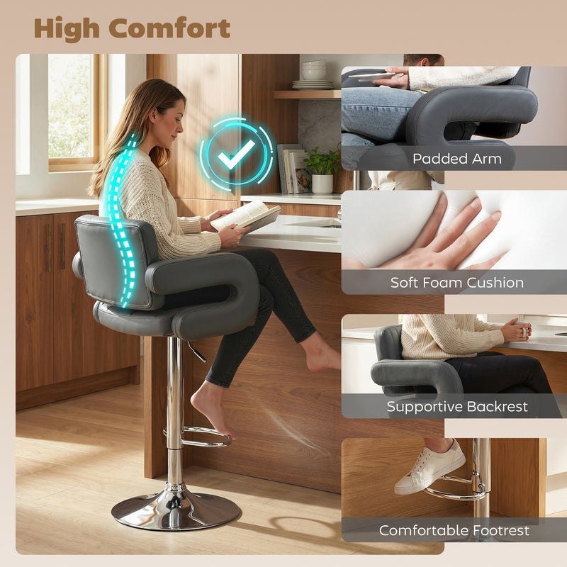 HOMCOM Bar Stools Adjustable Swivel Kitchen Chairs with Backrest Armrest Set of 2 PU Leather Grey AOSOM