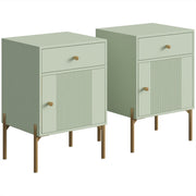 Light green end table set of 2 with drawer, cabinet and gold-tone metal legs, studio view