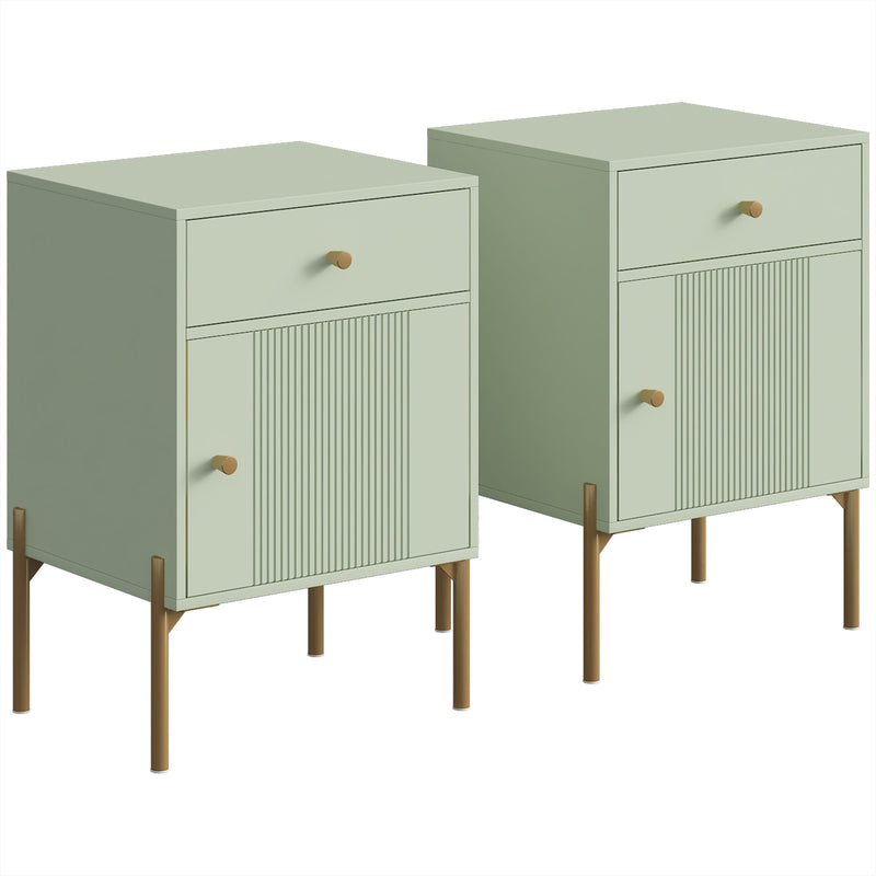Light green end table set of 2 with drawer, cabinet and gold-tone metal legs, studio view