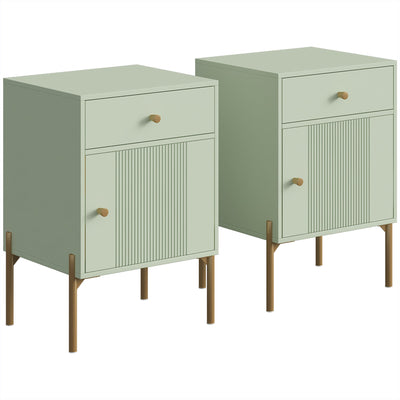 Light green end table set of 2 with drawer, cabinet and gold-tone metal legs, studio view