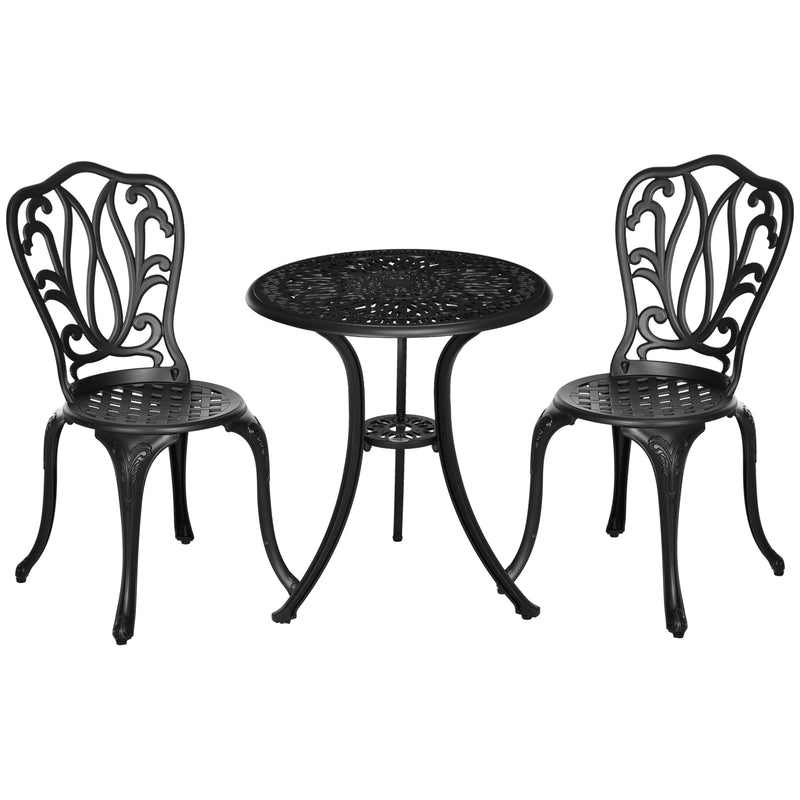 3 Piece Black Cast Aluminium Garden Bistro Set With Umbrella Hole by Outsunny