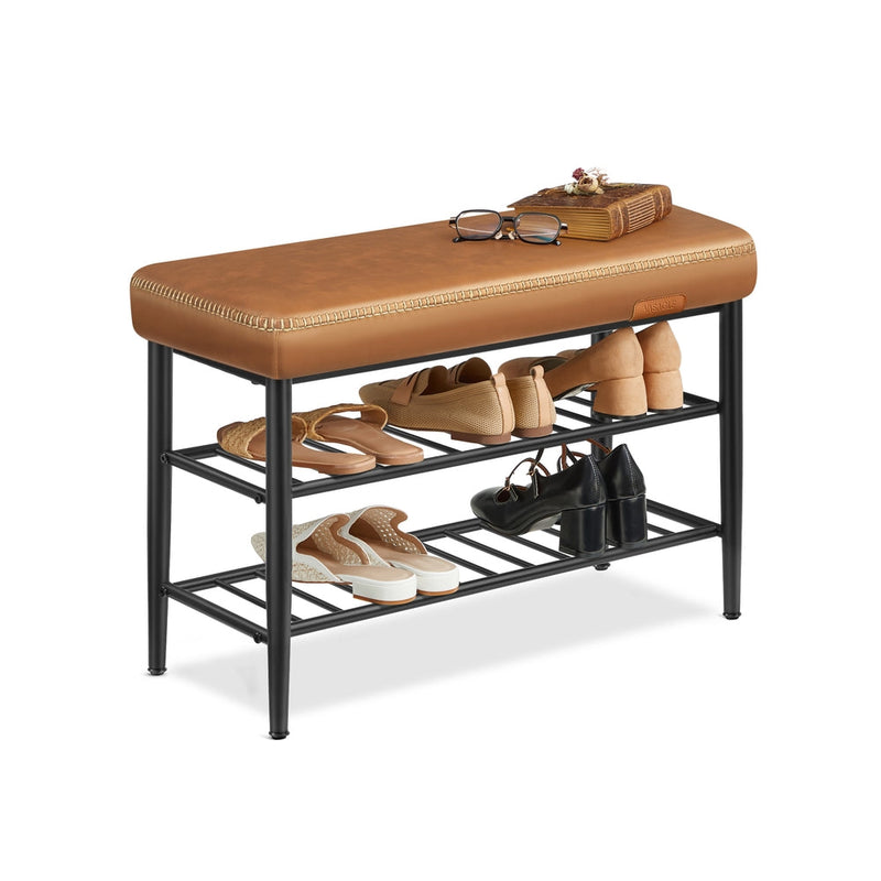 Entryway shoe rack bench with cushioned faux leather seat by VASAGLE, front view
