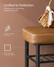 Close-up of the cushioned faux leather seat on the shoe bench