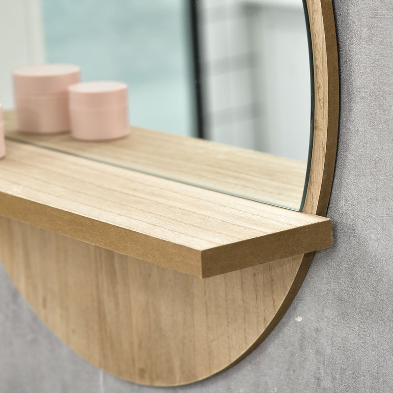 Round Wall Mirror with Built In Shelf for Bathroom or Hallway Display Natural Wood Effect