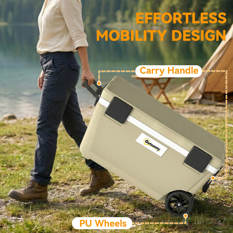 Outdoor Cooler Box | 70L | 72-Hour Ice Retention | Wheels & Handle | Khaki Outsunny