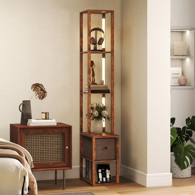Modern LED Floor Lamp With Shelves And Drawer For Living Room Or Bedroom, Rustic Brown