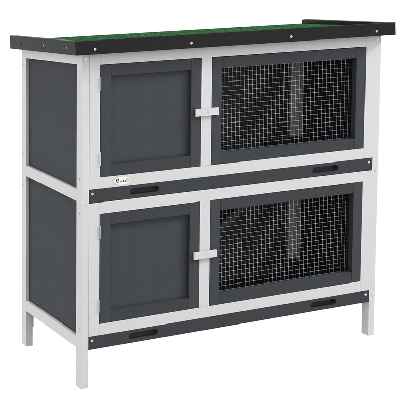 Two Tier Wooden Rabbit Hutch With Slide Out Tray For Outdoor Use, Grey