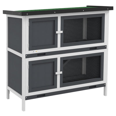 Two Tier Wooden Rabbit Hutch With Slide Out Tray For Outdoor Use, Grey