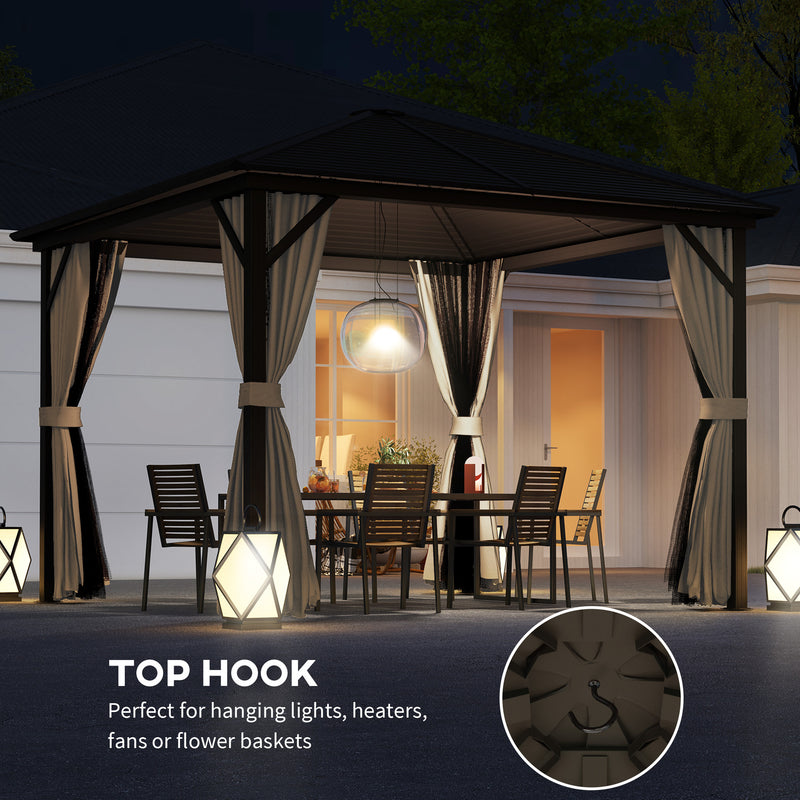 Brown 3m x 3m Metal Hardtop Gazebo with Curtains and Accessories by Outsunny