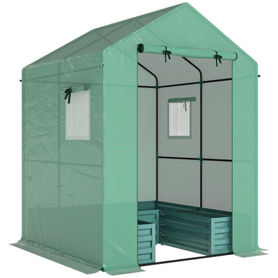 Mini Walk In Greenhouse With Raised Bed And Roll Up Windows For Garden Growing Green Outsunny