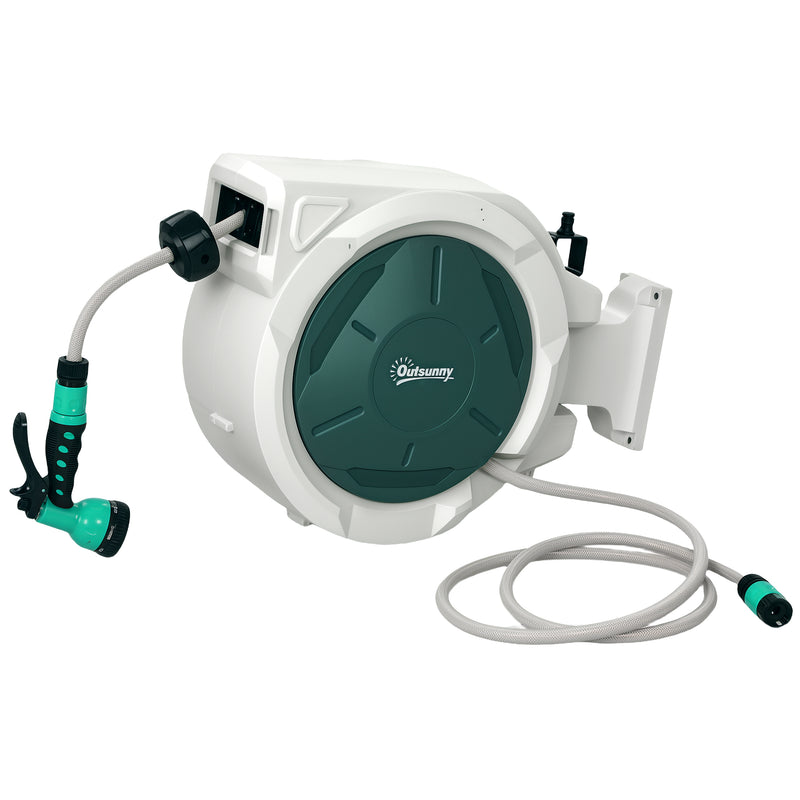 Retractable Wall Mounted Garden Hose Reel 20+2m With Auto Rewind and Spray Nozzle by Outsunny