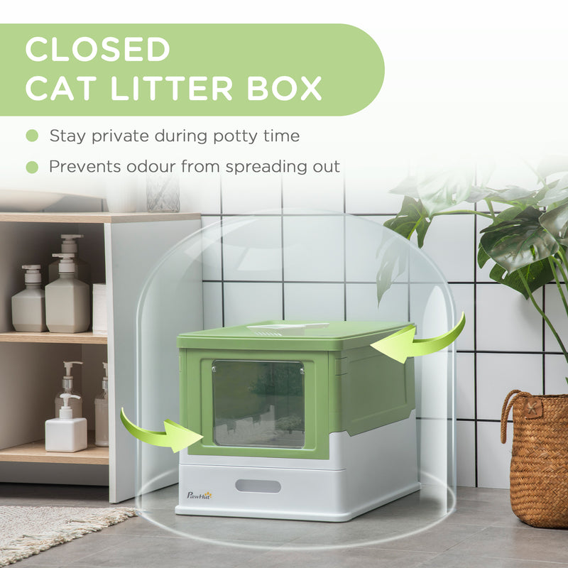 Hooded Cat Litter Box With Scoop Front Entry Design For Easy Cleaning, Light Green