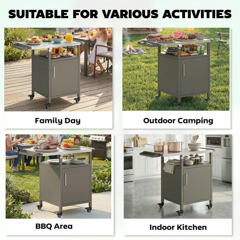 Garden BBQ Prep Table with Stainless Steel Top and Storage for Outdoor Cooking Brown
